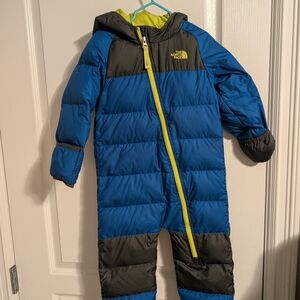 The North Face Blue & Black Kids Hooded Puffy One-Piece with Lime Zipper